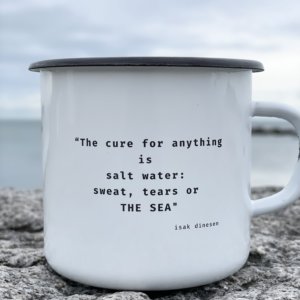 Enamel cup for sea swimmers with inspirational quote
