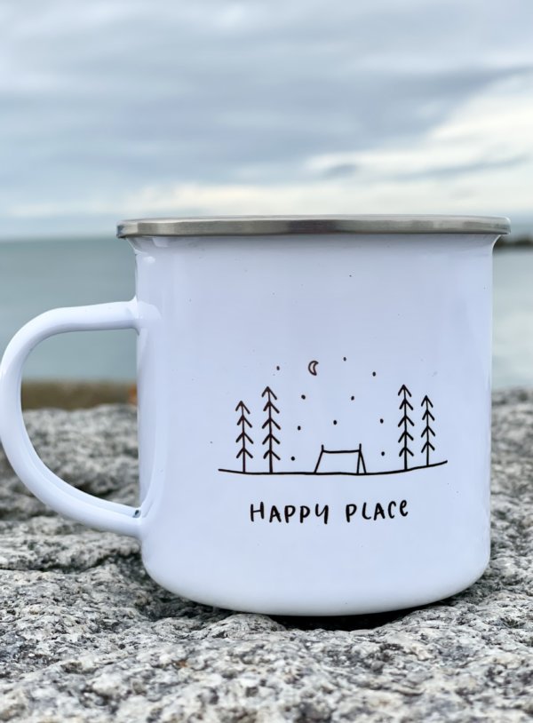 Happy place enamel cup perfect for outdoor lovers